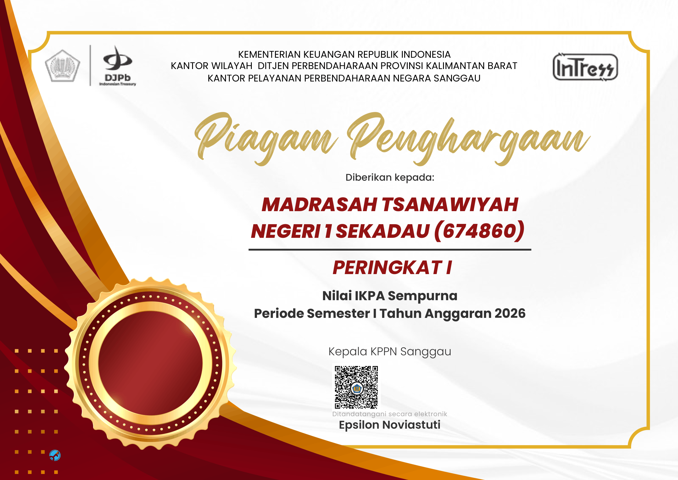 MTsN 1 Sekadau Raih Peringkat I Kinerja Anggaran KPPN Sanggau Semester I 2026